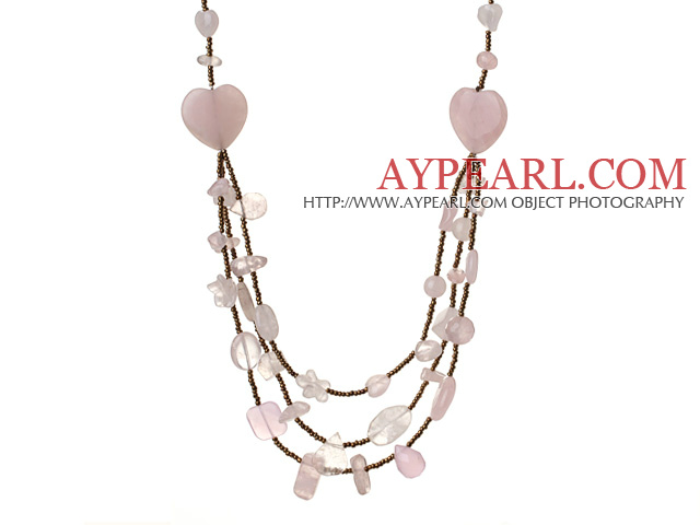 Vakkert hjerte form og uregelmessig form Rose Quartz tre lag Long Necklace (Random Shape) 