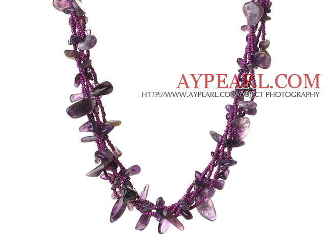 Trendy Style Multi Strands Natural Amethyst Twisted Necklace With Magnetic Clasp