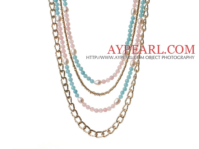 Gorgeous Fashion Multi Layer Rose Quartz White Pearl och Cyanite Party Halsband med Golden Legerat Chain 