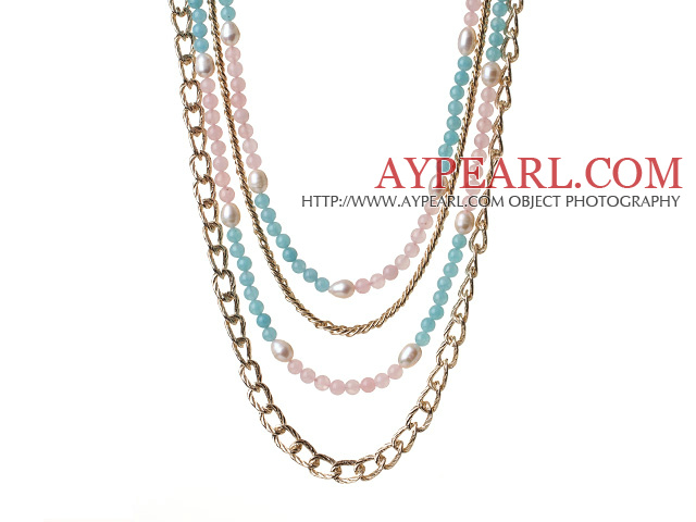 Superbe Mode Multi-Couches Rose Quartz White Pearl et collier Parti Cyanite Avec Golden allié chaîne 