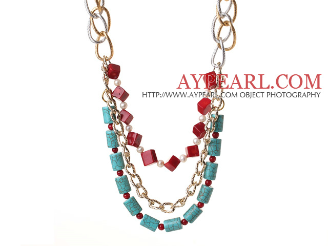 Fantastic Fashion Cube Shape Red Coral Cylinder Shape Turquoise And White Pearl Multi Layer Necklace With Alloyed Chain