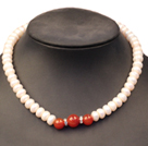 Noble Graceful Natural White Freshwater Pearl & Red Agate Beads Necklace