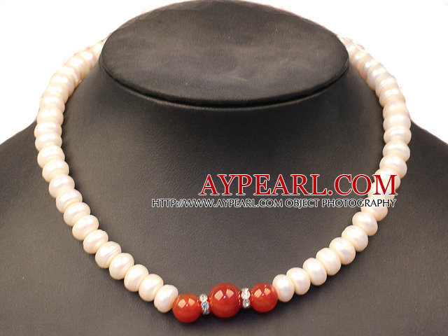 Noble Graceful Natural White Freshwater Pearl & Red Agate Beads Necklace