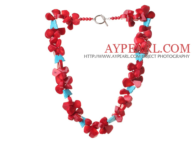Amazing Red Coral And Butterfly Shape Blue Turquoise Chunky Party Necklace With Toggle Clasp