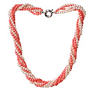 Trendy Style Multi Strands Pink Coral And White Pearl Twisted Necklace With Moonlight Clasp