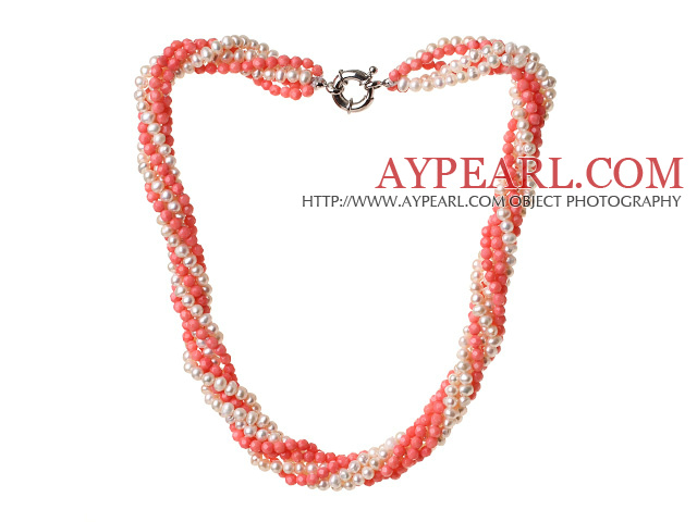 Trendy Style Multi Strands Pink Coral And White Pearl Twisted Necklace With Moonlight Clasp