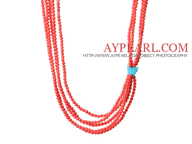 Fashion Multi Layer Orange Coral Beads Necklace With Butterfly Turquoise Charm