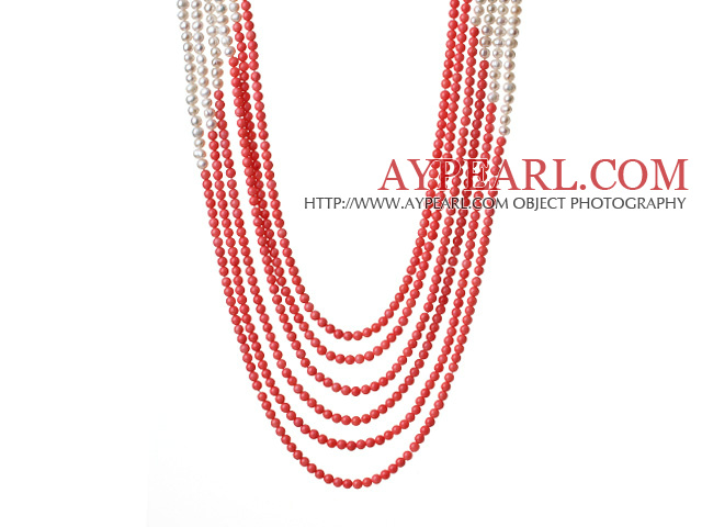 Χαριτωμένη πολλαπλών Layer Γύρος Coral χάντρες και White Pearl Κολιέ Κόμματος 