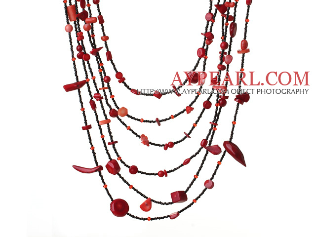 Fashion Multi Layer Uregelmessig Shape Red Coral Partiet Necklace 