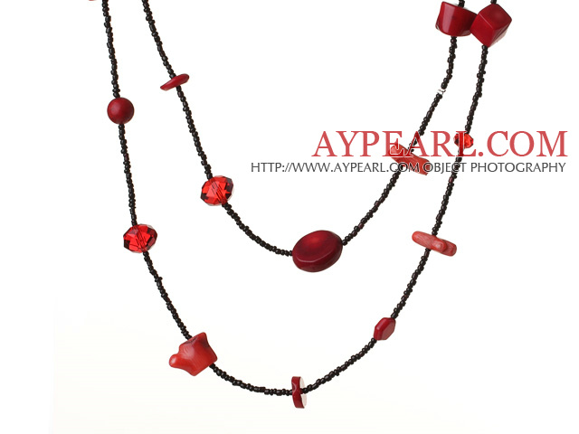 Fashion Long Style Irregular Shape Red Coral and Crystal Necklace