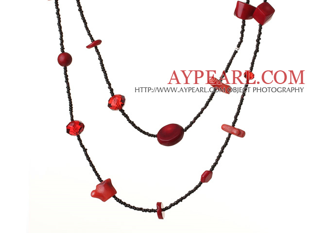 Fashion Long Stil Uregelmessig Shape Red Coral og Crystal halskjede 