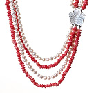 Gorgeous Multi Layer Red Coral And Natural White Pearl Party Necklace With Shell Flower Clasp