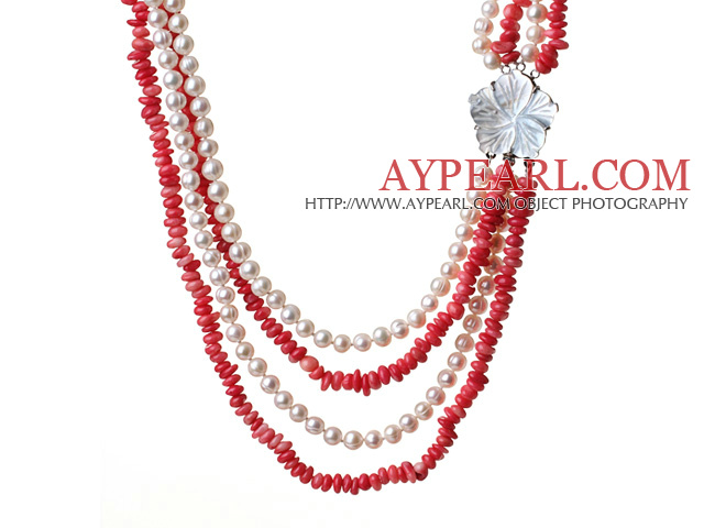 Gorgeous Multi Layer Red Coral And Natural White Pearl Party Necklace With Shell Flower Clasp