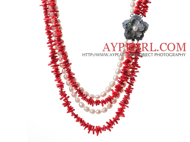 Gorgeous Multi Layer Red Coral Chips And Natural White Pearl Party Necklace With Shell Flower Clasp