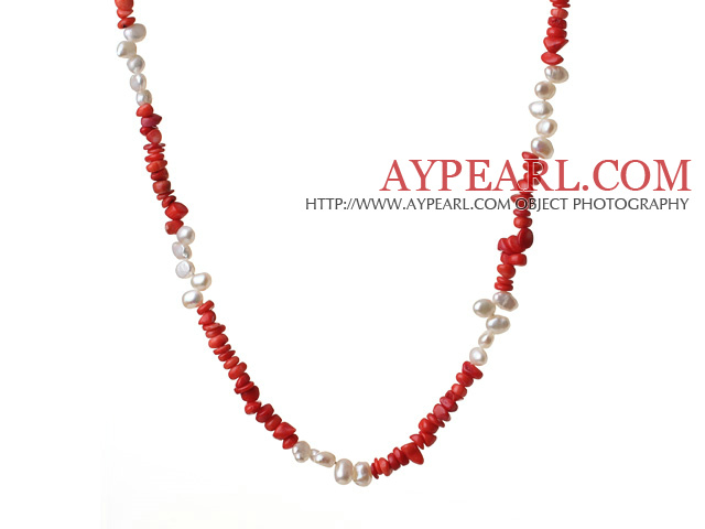 Fashion Long Style Irregular Shape Red Coral And Natural White Pearl Neckalce