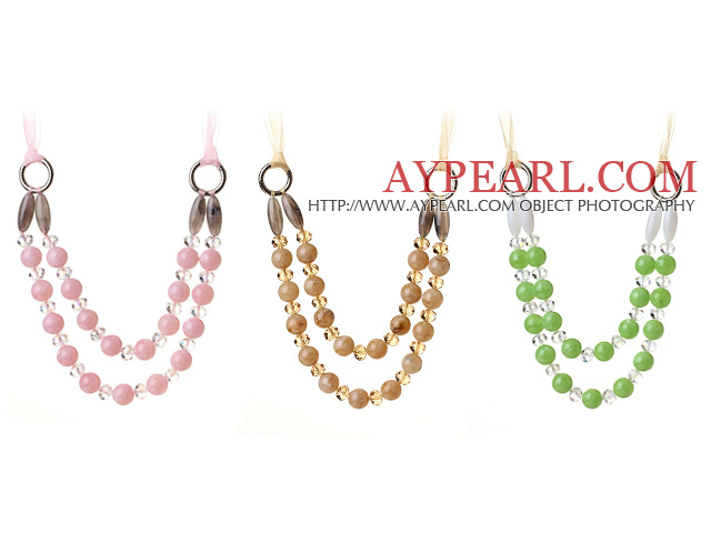 3 Stück Mode Double-Layer-Rosa-Grün-Braun Acryl Perlen And Clear Kristall Halskette 