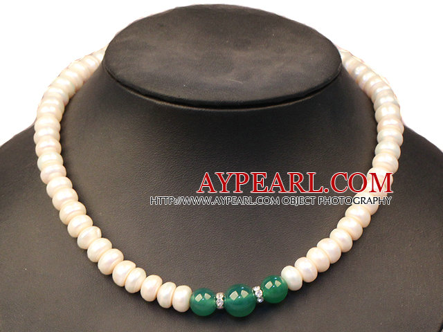 Noble Graceful Natural White Freshwater Pearl & Green Agate Beads Necklace
