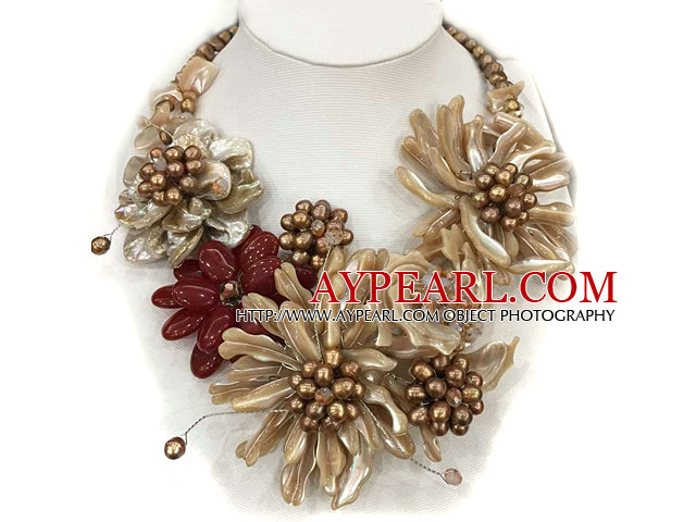 Gorgeous Party Style Brown Natural Freshwater Pearl Colorful Crystal Flower Bib Necklace
