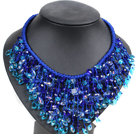 Uttalelse Series Marvelous Natural Freshwater Pearl Blue Crystal Hånd Strikket Bib Halskjede