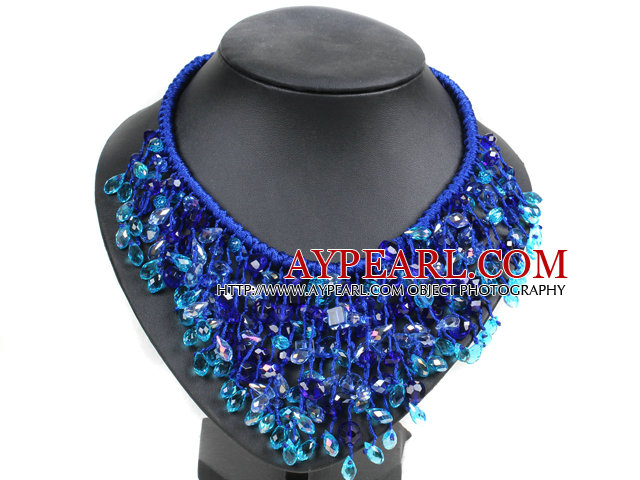 Uttalelse Series Marvelous Natural Freshwater Pearl Blue Crystal Hånd Strikket Bib Halskjede