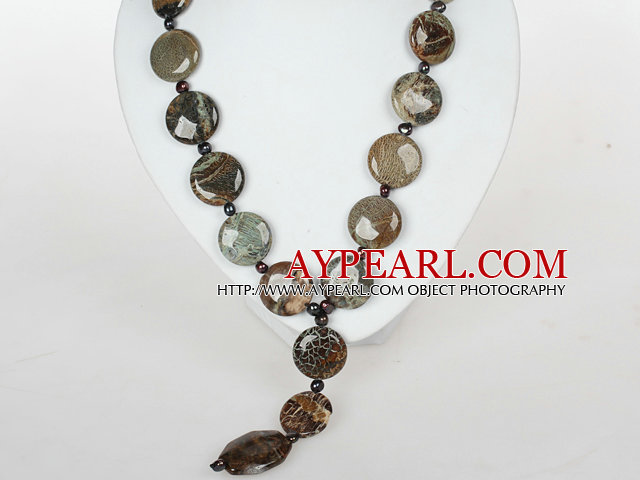 Snake Skin Agate and Black Pearl Necklace with Moonlight Clasp