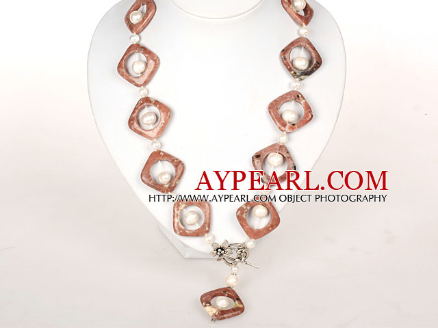 White Pearl und Rosa Picture Jasper Stone Necklace