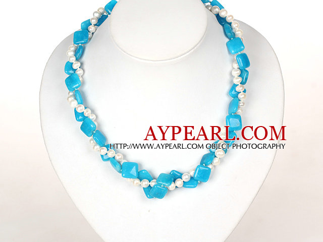 Double Strands White Pearl and Blue Jade Necklace with Heart Clasp