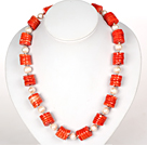 Wholesale Disc Shape Red Coral and White Pearl Necklace with Moonlight Clasp