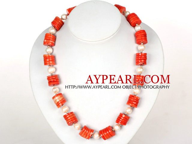 Disc Shape Red Coral and White Pearl Necklace with Moonlight Clasp