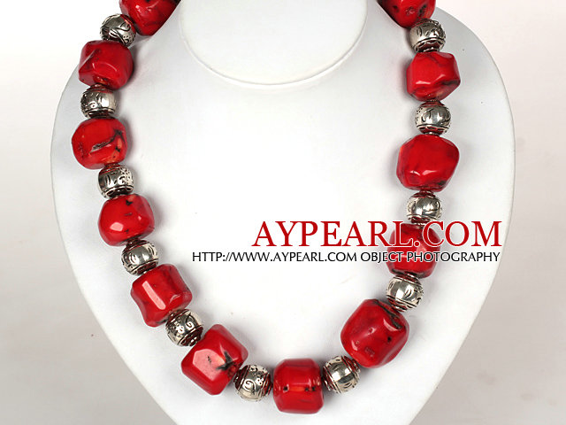 Irregular Shape Red Coral Necklace with Tibetian Silver Accessories