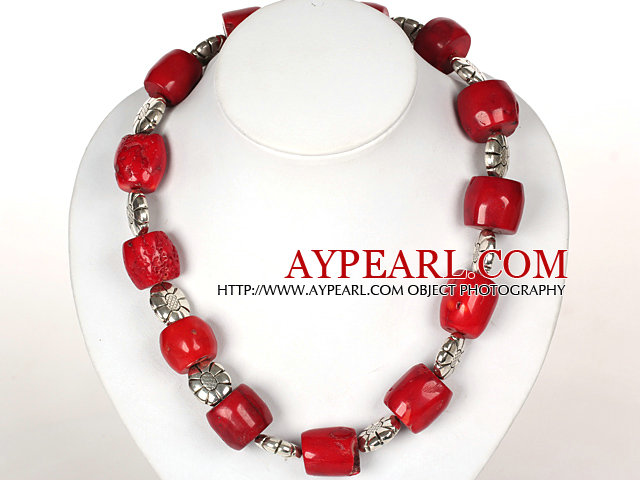 Tambur Forma Red Coral Colier cu Tibetian argint flori Accesorii