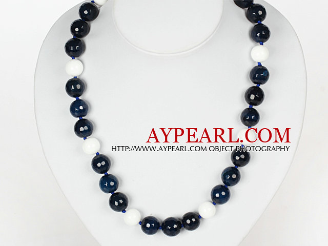 Single Strand Faceted Blue Agate and White Porcelain Stone Beads Necklace
