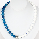 Beads Necklace 12mmm Faceted Blue Agate and White Sea Shell Beaded Necklace