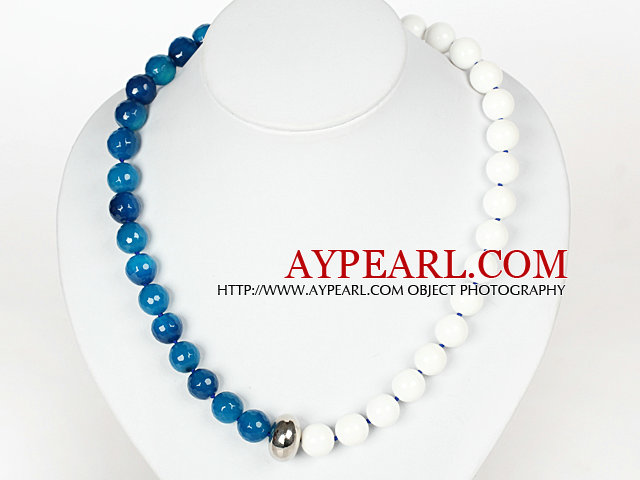 Beads Necklace 12mmm Faceted Blue Agate and White Sea Shell Beaded Necklace