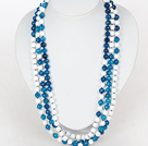 Long Necklace 8mm Faceted Blue Agate and White Porcelain Stone Beads Necklace