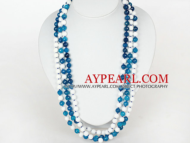 Lange Halskette 8mm facettierte blaue Achat und weißen Porzellan Stein Perlen Halskette