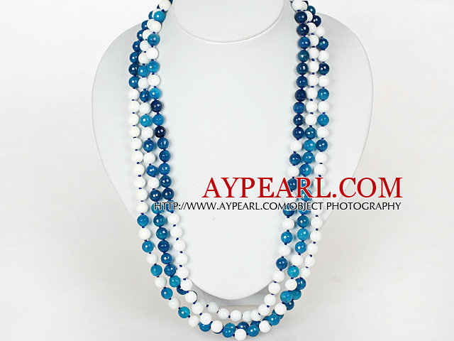 Long Necklace 8mm Faceted Blue Agate and White Porcelain Stone Beads Necklace