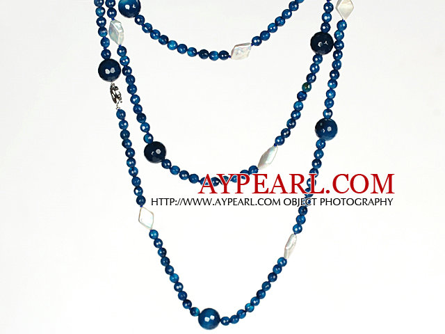 Long Necklace White Pearl and Faceted Blue Agate Beads Necklace