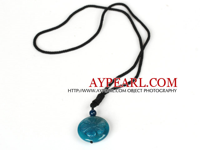 Round Hand Carved Blue Agate Pendant Necklace with Black Cord