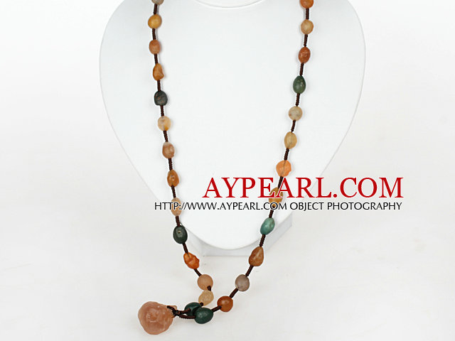 Pitkä tyyli kaulakoru Natural Alashan Akaatti With Brown Thread