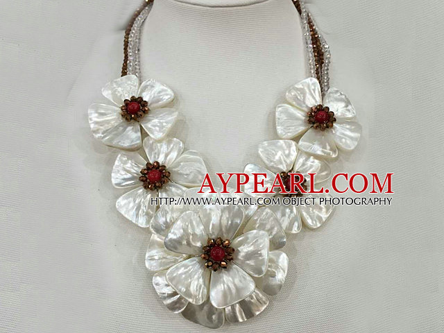 Déclaration Fantastique Blanc Shell Flower Parti cristal clair et Brown / Collier de mariage