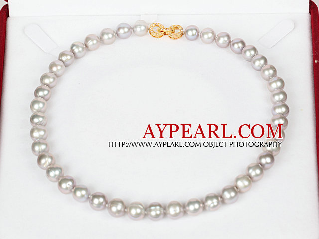 10-11mm Natural Round Gray Freshwater Pearl Beaded halskjede for kvinner