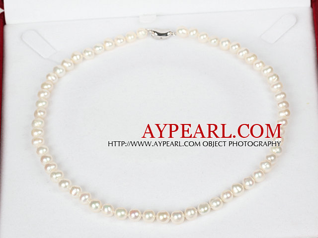 7-8mm Natural Round hvit ferskvannsperle perler halskjede for kvinner