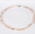 6-7mm Natural Round White and Pink and Purple Freshwater Pearl Beaded Necklace for Women