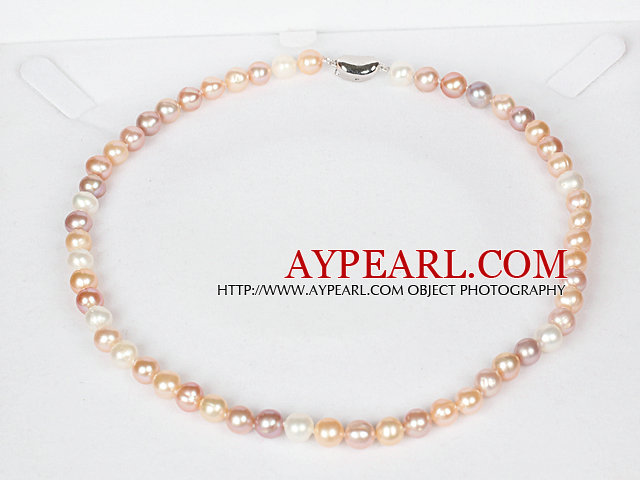 6-7mm Natural Round White and Pink and Purple Freshwater Pearl Beaded Necklace for Women