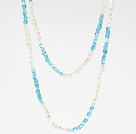 Fashion Long Necklace 6-7mm hvit ferskvannsperle og Sky Blue Crystal halskjede