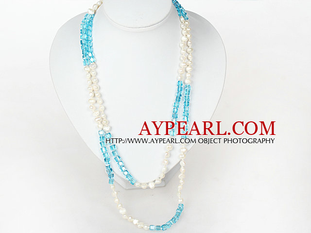 Fashion Long Necklace 6-7mm White Freshwater Pearl and Sky Blue Crystal Necklace