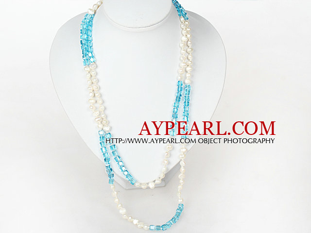 Sautoir Mode blanc perle d'eau douce et Collier Cristal Blue Sky