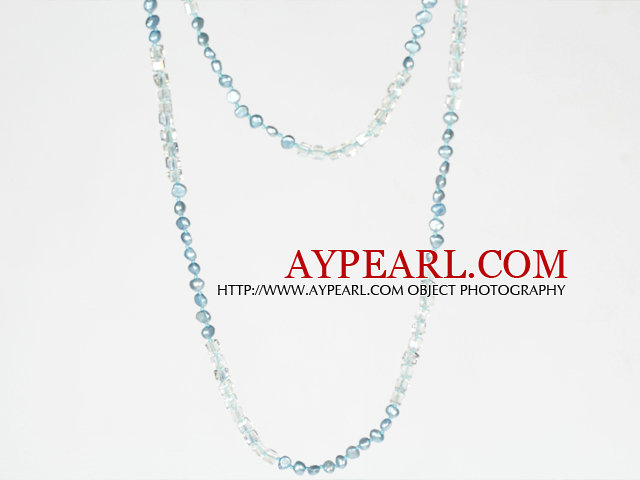 Långt halsband smycken 6-7mm Ljusblå Pearl Crystal Halsband