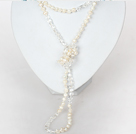 6-7mm Natural White Pearl and Clear Crystal Long Necklace